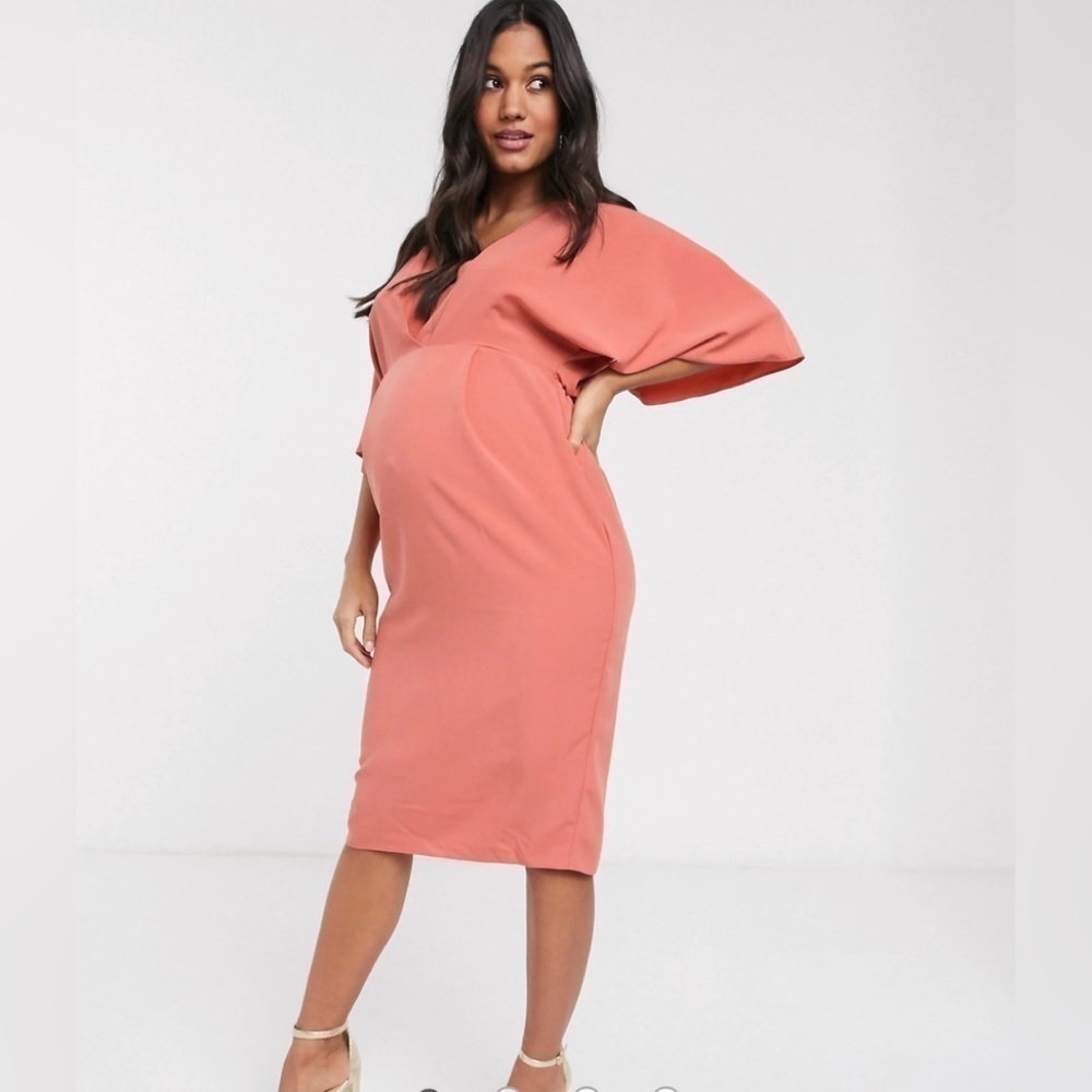 ASOS DESIGN Maternity exclusive pleat detail midi pencil dress Terracotta Size 8